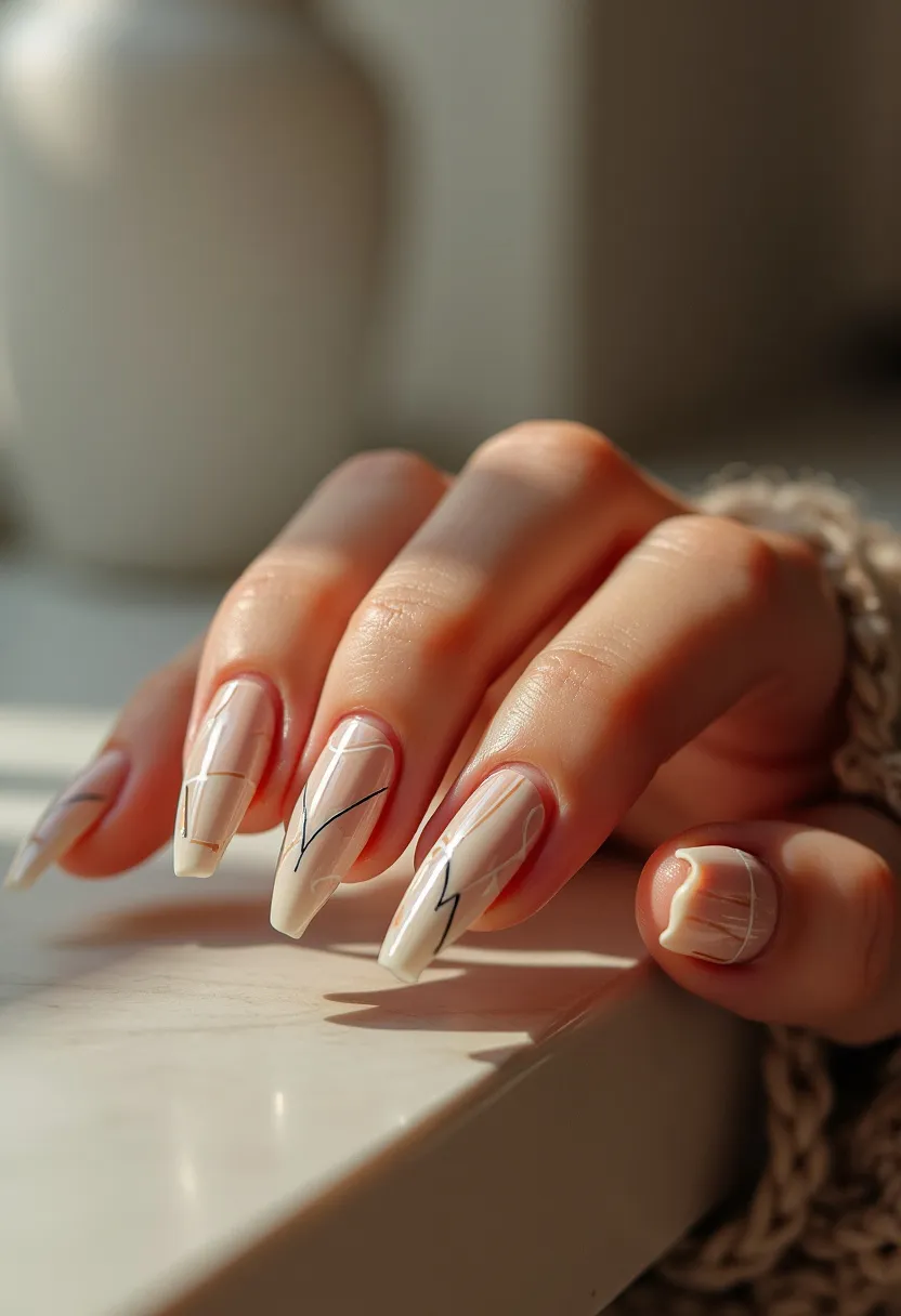 The nail design features a sleek and modern aesthetic with a color palette primarily consisting of soft, creamy whites and subtle beige tones, accented with thin, precise black lines. The nails are shaped in a long, tapered square form, providing an elegant and elongated appearance. Intricate patterns include fine black geometric lines and abstract designs, adding a minimalist yet sophisticated flair. The treatment appears to be gel-based, ensuring a glossy and durable finish. This particular design, with its neutral colors and refined patterns, could be suitable for a variety of occasions, from professional settings to special events, and showcases a minimalistic yet detailed art theme.