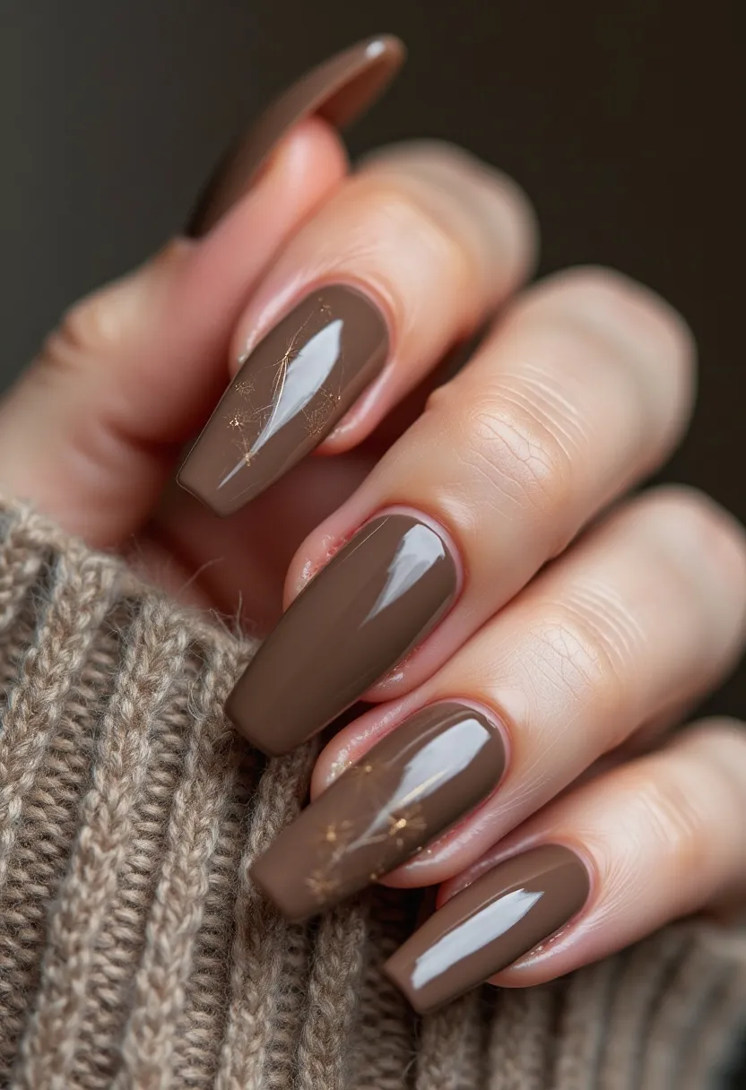 The nail design features a warm, medium-brown color palette that exudes a sophisticated and earthy vibe. The nails are long and have a coffin shape, offering a trendy and elegant look. This particular design incorporates a glossy finish, indicative of a gel nail treatment, enhancing shine and durability. Each nail is adorned with delicate, gold foil-like accents that add a touch of luxury and subtle sparkle, perfect for seasonal autumn or winter themes. The overall design is chic with a focus on understated elegance, making it suitable for various special occasions or as an everyday polished look.