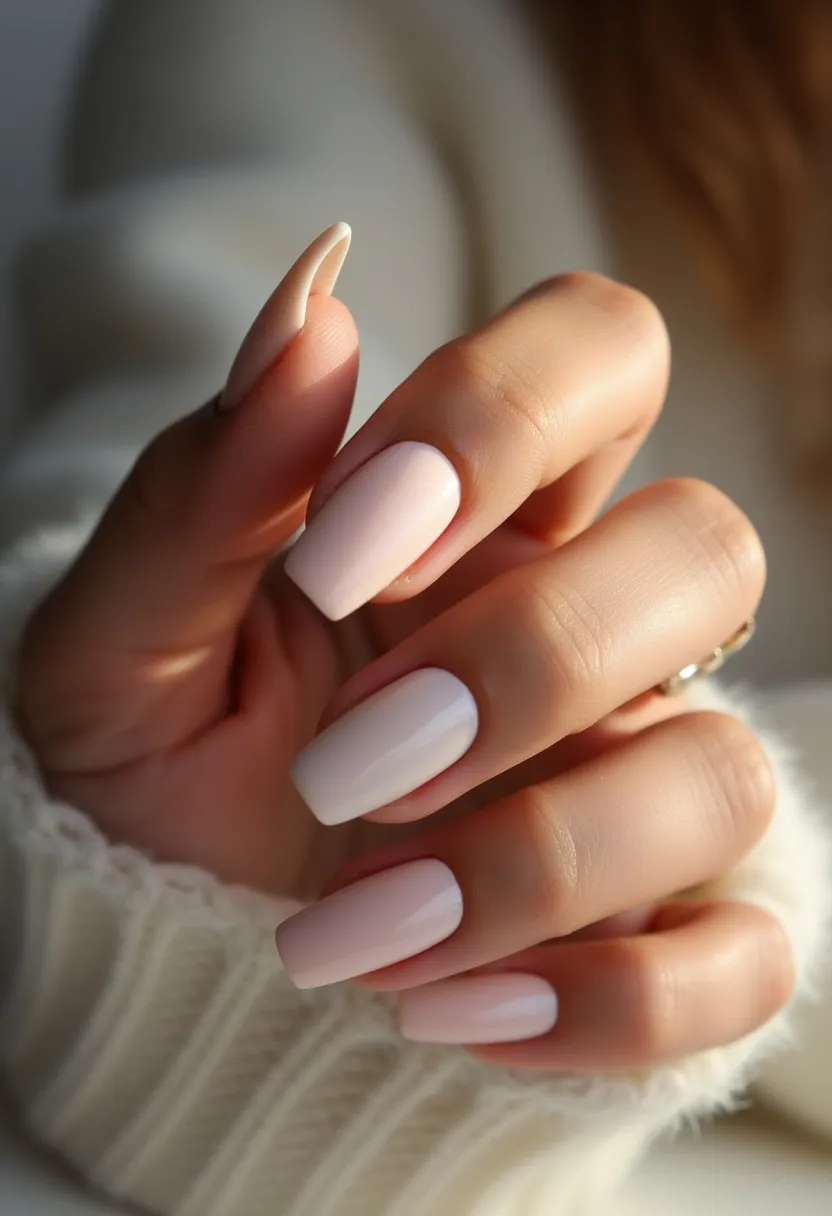 The nail design showcases a sophisticated and elegant look with a soft, pastel pink color palette. The nails are shaped in a medium length, square style, providing a modern and clean aesthetic. The finish appears to be smooth and glossy, indicating a possible gel or shellac treatment, which ensures durability and a shiny appearance. There are no additional intricate patterns or decorations, allowing the simplicity of the solid color to be the focal point. This minimalist approach makes the nails versatile and suitable for various occasions, including everyday wear or special events. The soft pink hue and subtle finish also hint at a seasonal theme, potentially ideal for spring or summer.