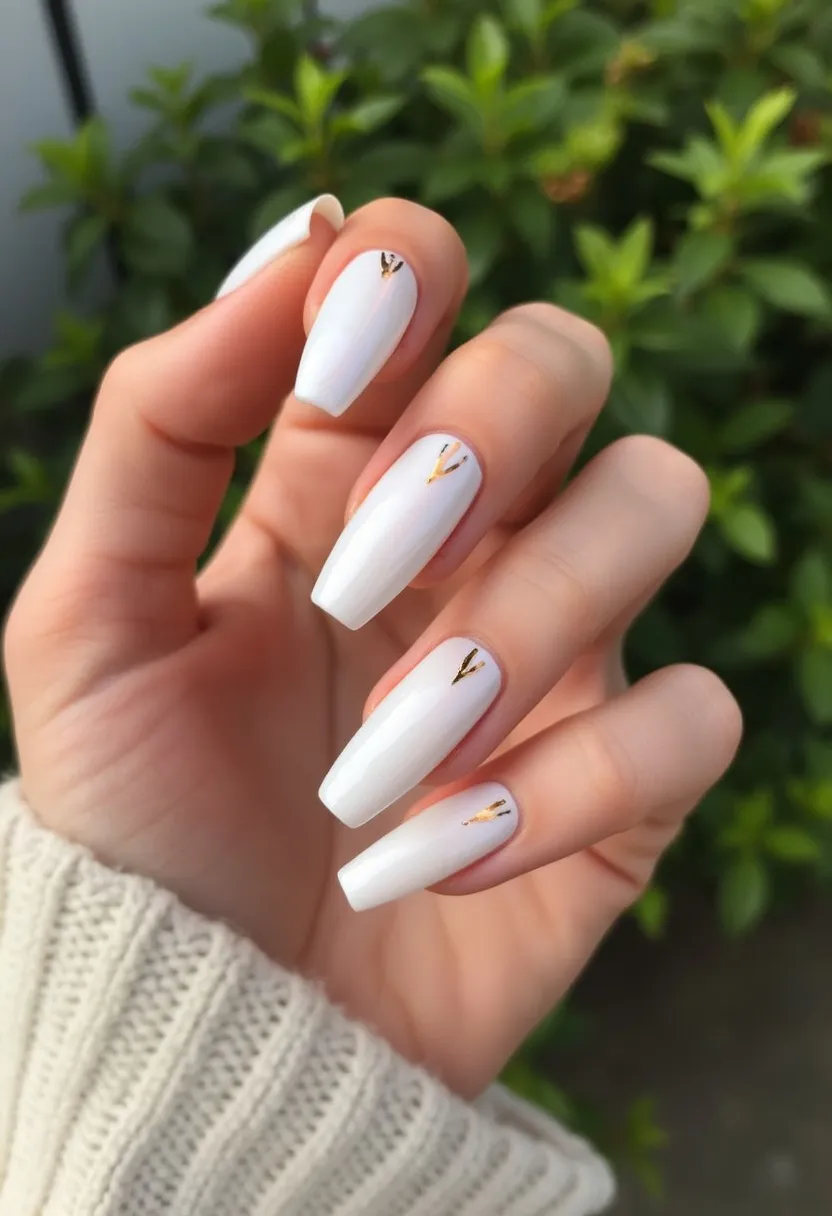 The nail design features a clean and elegant white color palette across all nails. The nails are shaped in a long, tapered coffin style, exuding chic sophistication. Subtle yet striking gold foil decorations form delicate V-shaped patterns near the cuticles, adding a touch of luxury. The nails appear to be treated with a smooth gel polish, providing a glossy and durable finish. The understated elegance of the design, coupled with the refined gold accents, makes it suitable for a variety of special occasions, from weddings to holiday gatherings, and aligns well with a winter or festive seasonal theme.