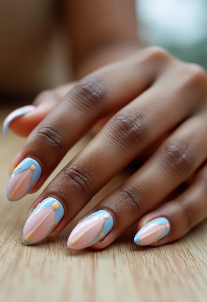 The nails are shaped in a medium-length almond style, characterized by a soft, tapered finish. The color palette features delicate pastel hues including light blue, soft pink, and subtle gold accents. Each nail displays an intricate pattern where the pink and blue shades are sectioned diagonally, separated by fine gold lines. In addition, small round gold embellishments are placed at the base of each nail, enhancing the elegant design. The nails likely utilize a gel treatment, offering a glossy and smooth finish. The combination of pastel colors and minimalistic gold details suggest a spring or summer theme, ideal for special occasions such as weddings or parties.