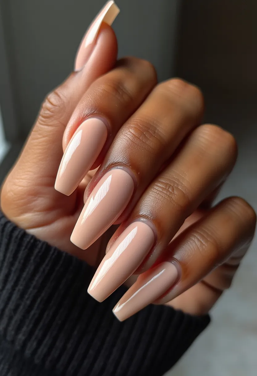 The nail design features a sophisticated nude color palette, creating a clean and elegant look. The nails are shaped in a long, tapered coffin style with sharp edges, adding a modern and stylish flair to the overall design. The finish appears to be achieved through a gel or acrylic treatment, giving the nails a glossy, polished look that enhances their durability and shine. There are no additional intricate patterns or decorations, maintaining a minimalist and refined appearance, making this design versatile for various occasions and suitable for both daily wear and special events. The simplicity and elegance of the nude shade make it a timeless choice, perfect for any season.