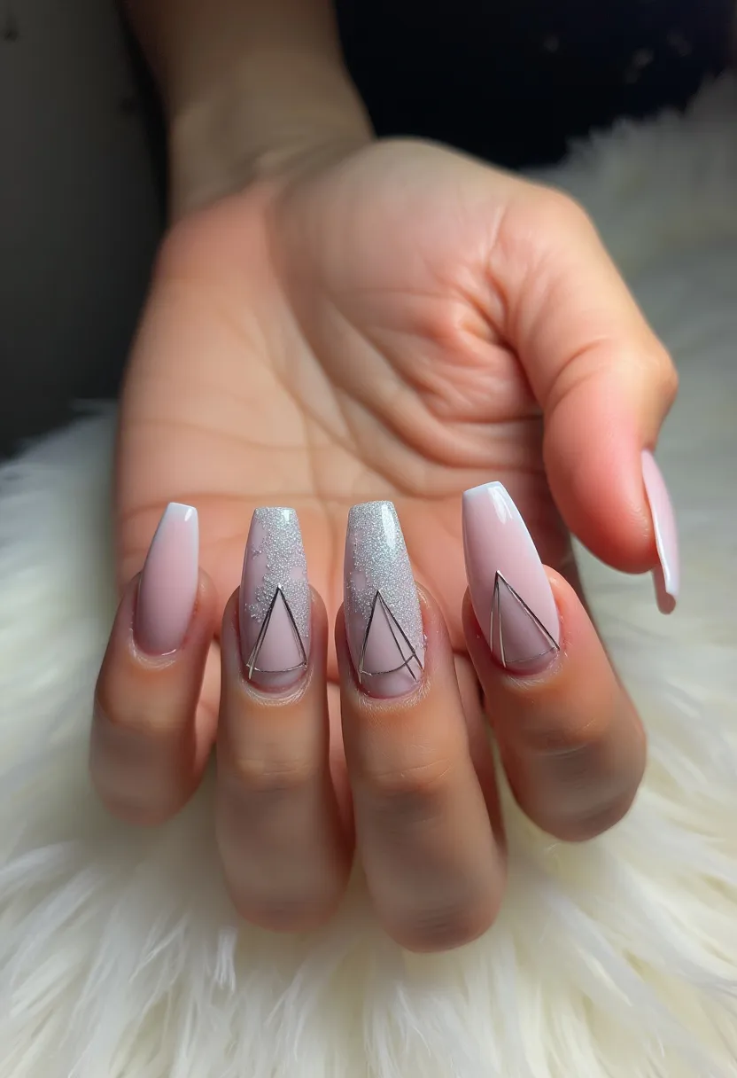 This nail design features a sophisticated and minimalist aesthetic, utilizing a soft pink and silver color palette. The nails are shaped into an elongated coffin style, offering a modern and stylish appearance. Each nail is adorned with unique decorative elements; the middle and ring fingers have a shimmering silver finish, accentuated with sleek, black geometric lines forming triangles. The remaining nails are painted with a smooth, glossy pink polish. This design likely utilizes gel or shellac for its shiny and durable finish. The chic, muted colors and geometric patterns make this design suitable for both everyday wear and special occasions, offering a versatile option for any season.