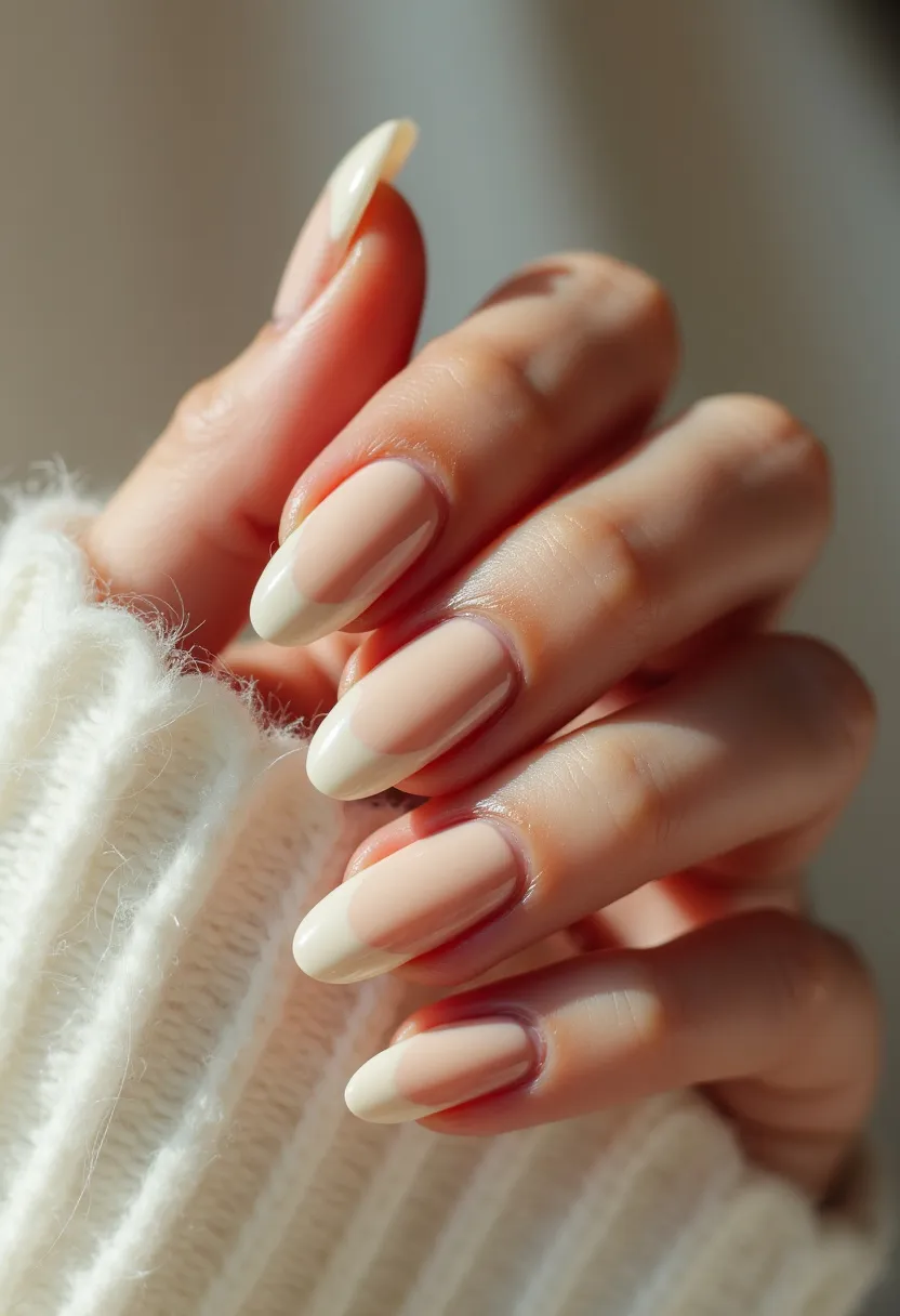 The nail design features an elegant and minimalist look with a color palette that includes subtle shades of nude and creamy white. The nails are shaped into a medium-length, almond shape, which adds a touch of sophistication to the overall appearance. The design does not incorporate any intricate patterns or decorations, maintaining a clean and classic aesthetic. The nails appear to be treated with either gel or acrylic, providing a smooth and glossy finish that enhances their refined look. This understated design, with its neutral tones and timeless shape, is perfect for everyday wear or special occasions where a chic yet simple look is desired.