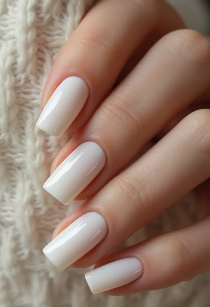 The nail design features a classic, elegant look characterized by a minimalist color palette of solid white. The nails are shaped with a squared-off tip, maintaining a clean, uniform look. This design appears to use gel treatment, evidenced by the glossy, high-shine finish. There are no intricate patterns or decorations, emphasizing simplicity and sophistication, making this design suitable for various occasions, including formal events or a chic, everyday style. This look is versatile and season-neutral, fitting well for any time of the year, although the neutral white nails can be particularly appealing for the winter season or bridal events.