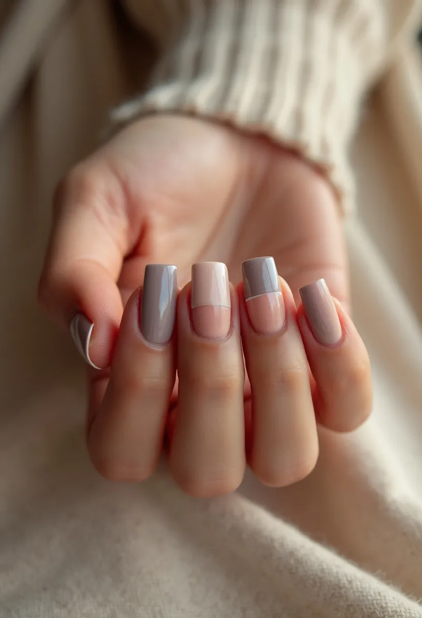 The nail design features a sophisticated and understated color palette composed of muted, neutral tones. The nails are shaped in a stylish, squared-off fashion, providing a modern and clean appearance. Each nail displays a blend of soft beige and grey colors with a high-gloss finish, which suggests they could be achieved using either gel or shellac treatments for their smooth and durable quality. Intricate geometric patterns are present where nails are split into two-toned sections with a fine line separating the colors, adding an elegant touch to the minimalist aesthetic. The design is understated yet chic, making it suitable for both everyday wear and more formal occasions. The muted colors and chic patterns lend themselves to a versatile, season-neutral theme.