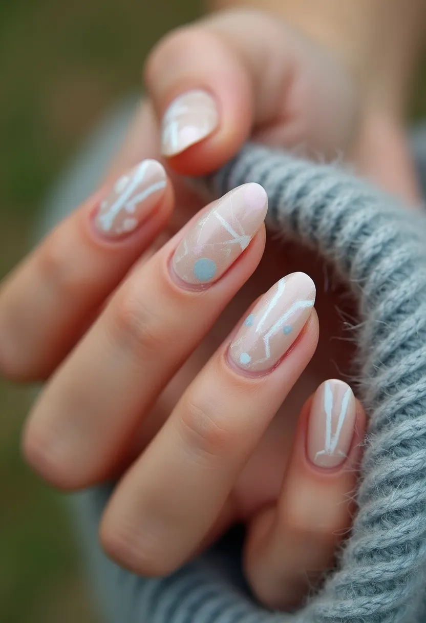 The nail design features almond-shaped nails with a soft color palette comprising pastel pink and light blue. The nails are elegantly decorated with intricate white line patterns and dots, creating a subtle yet artistic look. The treatment appears to be gel-based, given the glossy finish and smooth application. This nail art is suitable for winter or a cozy occasion, as hinted by the muted colors and delicate designs, which evoke a sense of calm and elegance. The overall design is sophisticated and understated, making it versatile for various settings and events.