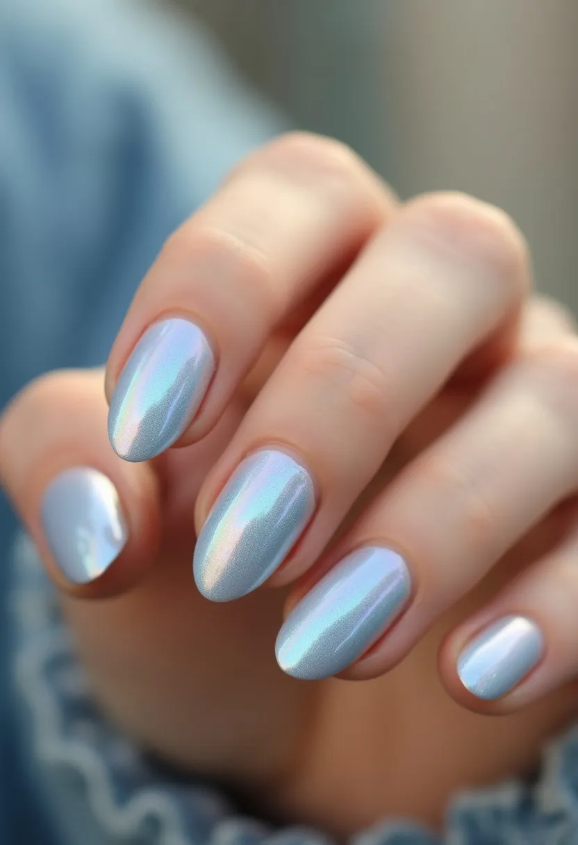 The nail design features an iridescent color palette with a dominant shade of holographic silver, emitting subtle hints of blue and pink when it catches the light. The nails are medium-length and shaped into an almond style, providing an elegant and elongated look to the fingers. The reflective nature of the polish hints at a special nail treatment, likely a gel or shellac finish, which gives a high-gloss, durable appearance. There are no additional patterns or intricate decorations; the stunning holographic effect serves as the primary aesthetic focal point. This chic and sophisticated design makes it suitable for a variety of occasions, including festive events or winter-themed looks, as it evokes an icy, shimmering ambiance.