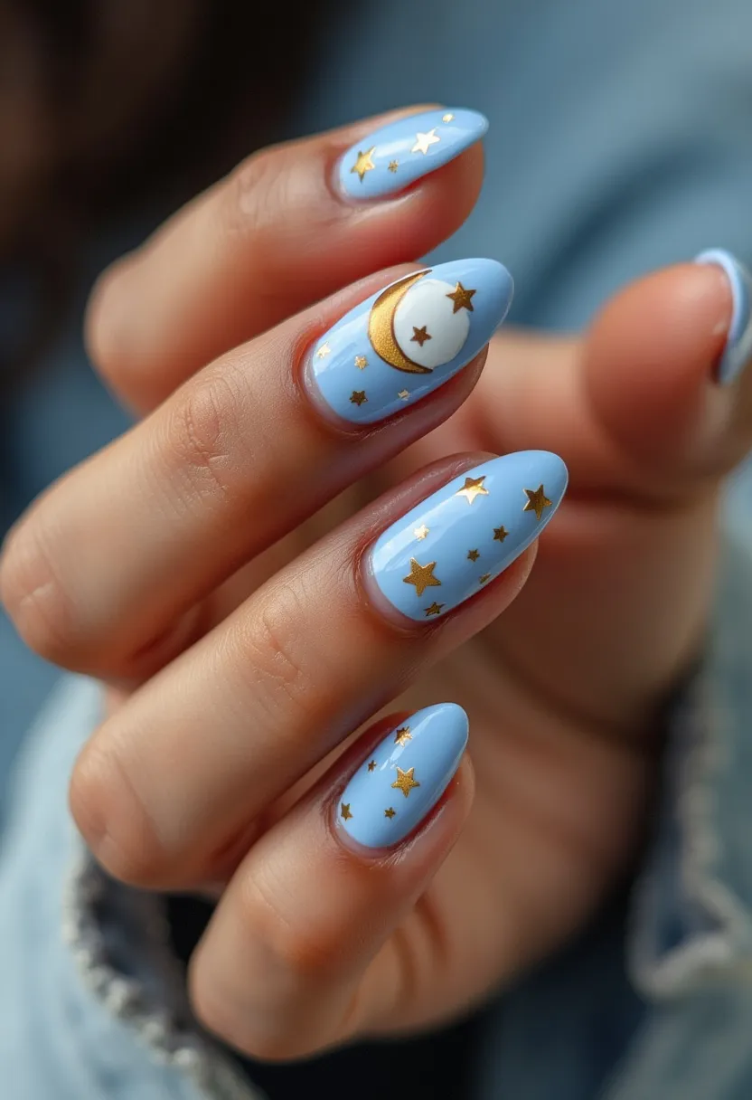 The nail design features a serene pastel blue color palette, with nails shaped in a medium-length almond style. The design includes intricate patterns and decorations of gold stars and a crescent moon, creating a celestial theme. The appearance suggests a gel treatment due to its glossy and smooth finish. The details in gold hint at a whimsical or dreamy motif, suitable for a seasonal or special occasion such as a night-themed event or celebration. The overall effect is both elegant and fanciful, making it a beautiful choice for showcasing a sky-inspired aesthetic.