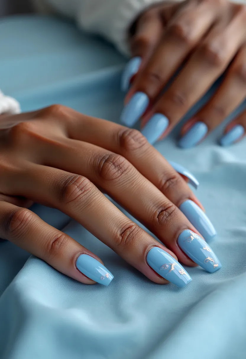 The nail design features a light blue color palette, embodying a serene and stylish aesthetic. The nails are shaped in a squared-off manner, providing a modern and neat appearance. Intricate white patterns, resembling delicate branches or floral motifs, add a sophisticated touch to the design. This, along with the high-gloss finish, suggests that a gel treatment has likely been used, offering durability and a glossy sheen. The light blue hue and subtle nature-inspired decorations make this design particularly suitable for springtime or a refreshing summer look, perfect for a casual yet elegant occasion.