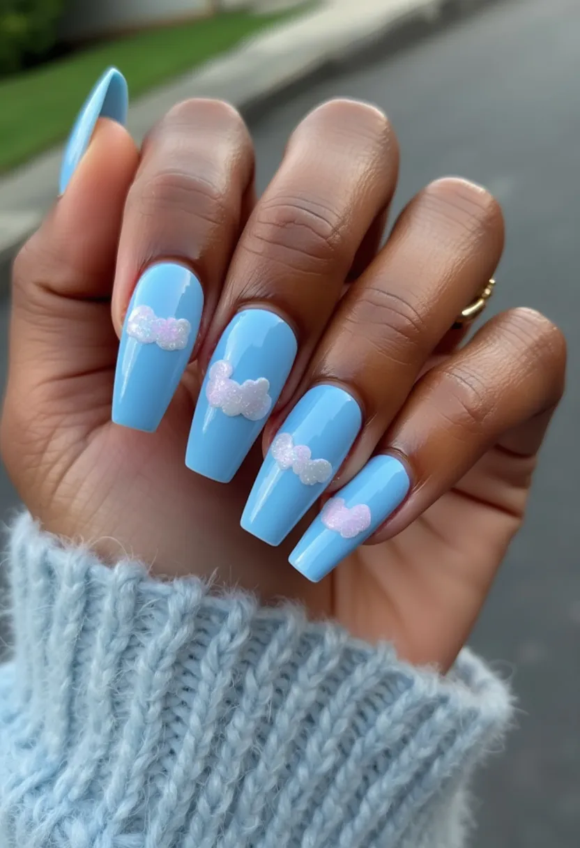 The nail design features a striking color palette dominated by a soft baby blue, evoking a serene sky-like appearance. The nails are shaped in a contemporary coffin style, enhancing their elegant and elongated look. Each nail is adorned with intricate white and pink cloud-like patterns, which add a whimsical and cheerful touch to the overall design. This motif appears to be created using a glitter material, adding subtle shimmer and texture. The treatment appears to be either gel or acrylic, which ensures a glossy and smooth finish that highlights the vibrancy of the colors. The design evokes a feeling of serene and uplifting spring or summer themes, perfect for an individual looking to add a playful yet polished element to their look.