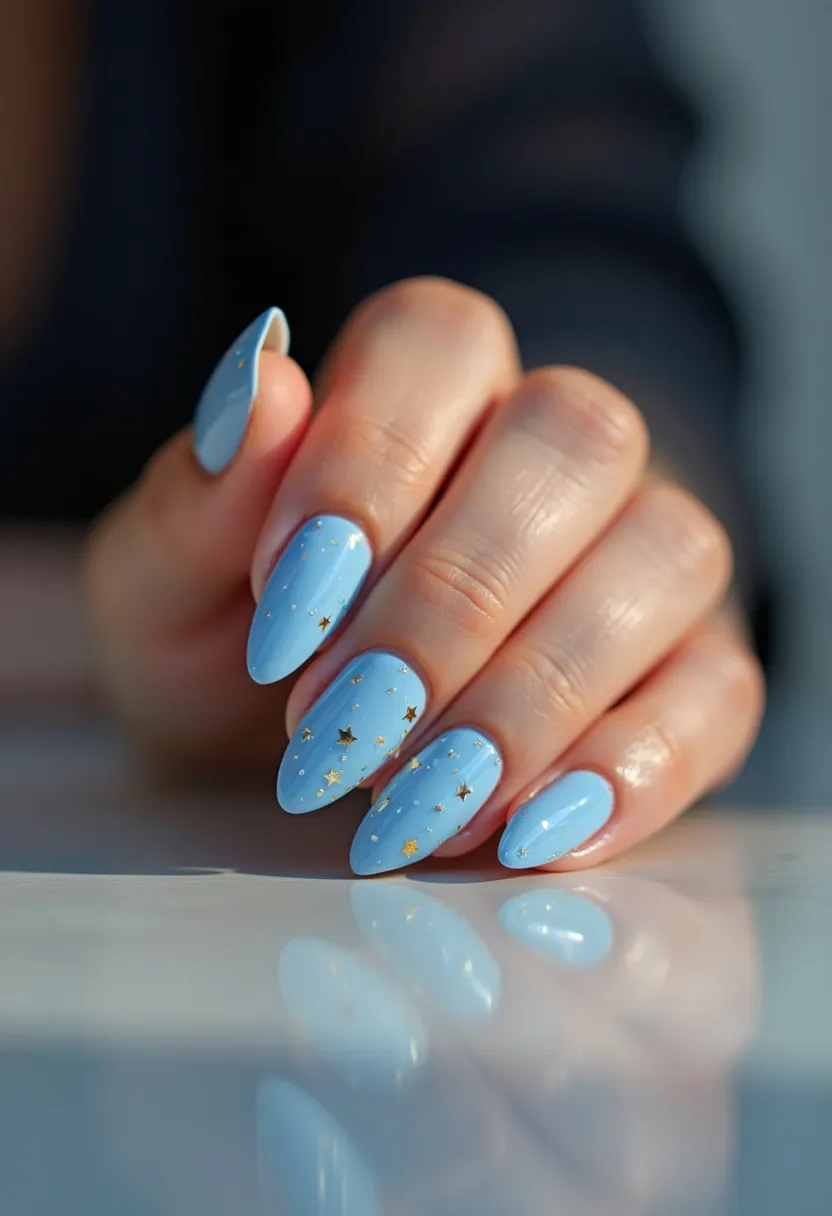 The nail design features a medium-length almond shape, giving a gracefully elegant appearance to the fingers. The color palette is dominated by a soft sky blue, creating a serene and calming effect. Intricate patterns of tiny golden stars are delicately scattered across the nails, adding a whimsical and celestial touch. It appears that a gel nail treatment has been used, giving the nails a glossy and smooth finish. This design, with its starry embellishments and soothing hues, seems perfectly suited for a dreamy, perhaps winter-themed occasion or for those looking to capture a piece of the night sky on their fingertips.