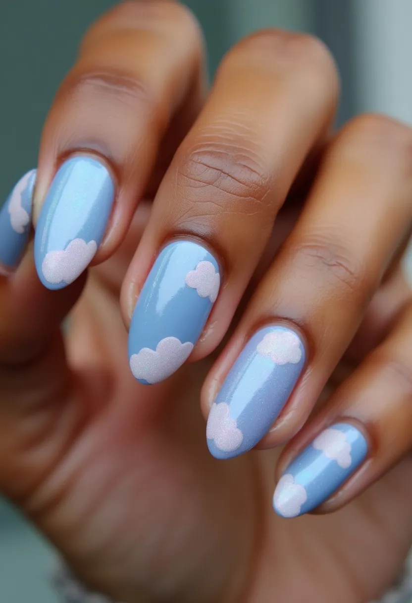 The nail design features a serene sky theme with a pastel blue color serving as the primary canvas, embellished with fluffy white cloud patterns. The nails are shaped into a moderate almond style, providing a sleek and elegant appearance. The pastel blue polish appears smooth and lustrous, likely indicative of a gel or shellac treatment for its glossy finish and durability. Each nail is adorned with white cloud patterns, adding a whimsical touch that enhances the dreamy, sky-like effect. This design is particularly suitable for a spring or summer aesthetic, or potentially for a special occasion that requires a playful yet sophisticated look. The combination of soft hues and charming patterns highlights a meticulous nail art technique that captures the essence of a clear, peaceful sky.