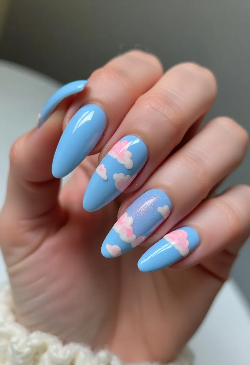 The nail design features a playful and whimsical appearance, with a color palette dominated by a soft sky blue base that evokes a serene and airy feeling. Each nail is almond-shaped, elegantly tapering to a soft point. Intricate patterns of fluffy pink and white clouds are artistically scattered across the nails, creating a dreamy, sky-themed design. The finish appears to be a gel treatment, giving the nails a glossy and smooth surface that highlights the detailed artistry. The design is particularly suited for a spring or summer vibe, evoking a lighthearted and cheerful atmosphere ideal for those seasons or special occasions like outdoor festivities and picnics.