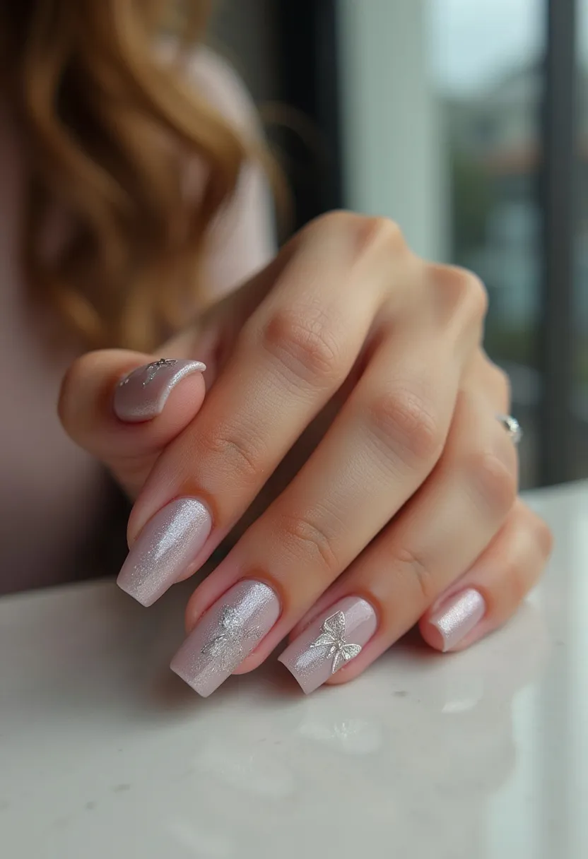 The nail design features a delicate and elegant pastel palette with a predominant light pink hue that has a subtle shimmer finish. The nails are shaped in a medium-length square format, creating a classic and refined look. Intricate decorations include small, detailed silver butterfly accents on two of the nails, adding a touch of whimsy and sophistication. The nail treatment appears to be a gel, providing a glossy and smooth texture. The overall design exudes a feminine charm, making it well-suited for special occasions such as weddings or formal events, and also aligns beautifully with spring or summer seasonal themes.