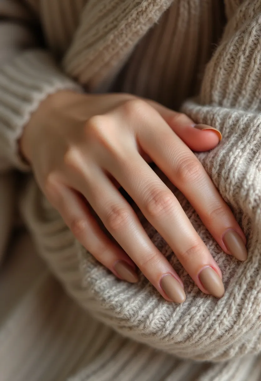 The nail design in the image features almond-shaped nails painted in a matte, neutral beige color palette. There are no intricate patterns or decorations on the nails, suggesting a minimalist and elegant style. This type of nail treatment appears to be either gel or shellac, given their smooth and polished finish. The design is versatile and understated, making it suitable for any season or special occasion, particularly fall or winter due to the warm, cozy tones that complement the surrounding textures. The aesthetic is refined, elegant, and sophisticated.