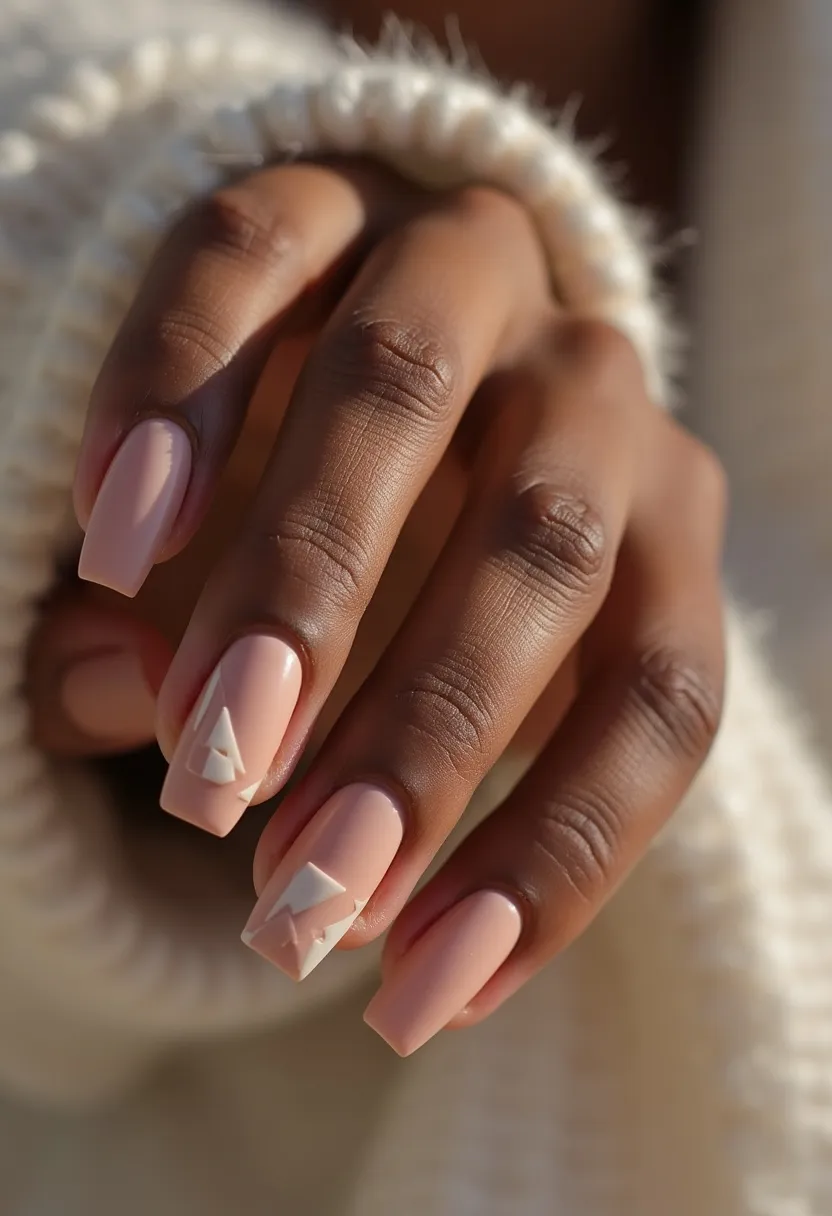 The nail design features a soft, pastel pink color palette that gives a clean and elegant look. The nails are shaped in a medium-length, square style. Two of the nails display intricate geometric patterns, specifically minimalist white triangle designs that add a contemporary touch to the overall appearance. The glossy finish suggests a gel or shellac treatment, providing a shiny and durable surface. This nail design, with its neutral tones and subtle decorations, is versatile and suitable for various occasions, including casual outings, office settings, or special events where a sophisticated look is desired.