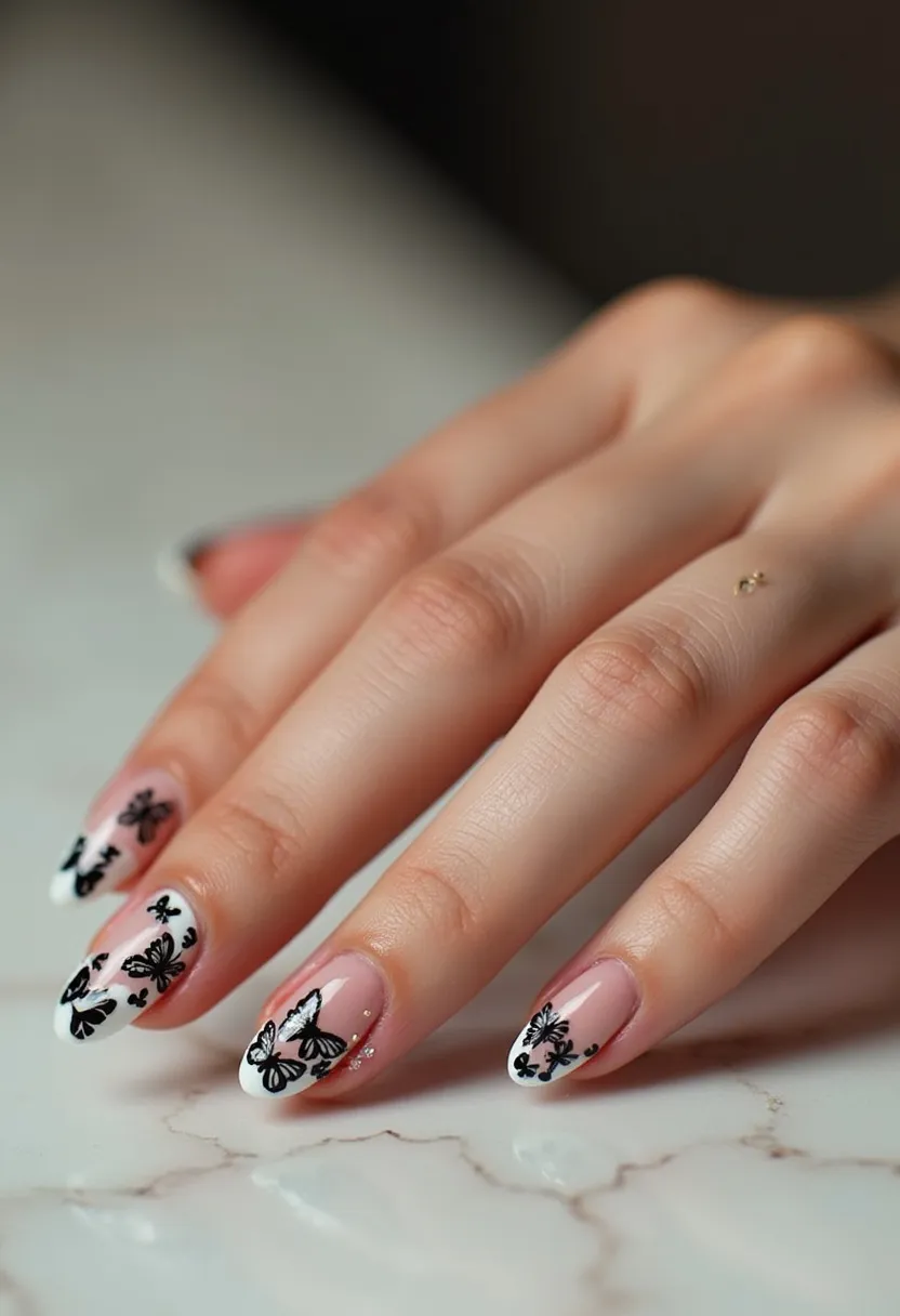 The nail design features a soft pink base color with an elegant overlay of black butterfly and floral patterns, paired with a white French tip. The nails are almond-shaped and showcase a sophisticated artful design, which appears to be done with gel polish, given its glossy finish and precise detailing. The black butterflies and flowers provide a striking contrast against the subtle pink and white palette, creating a delicate yet bold look. Fine gold dots accentuate the design, adding a touch of sparkle. This nail art can be perfect for transitional seasons like spring, symbolizing rejuvenation and elegance.