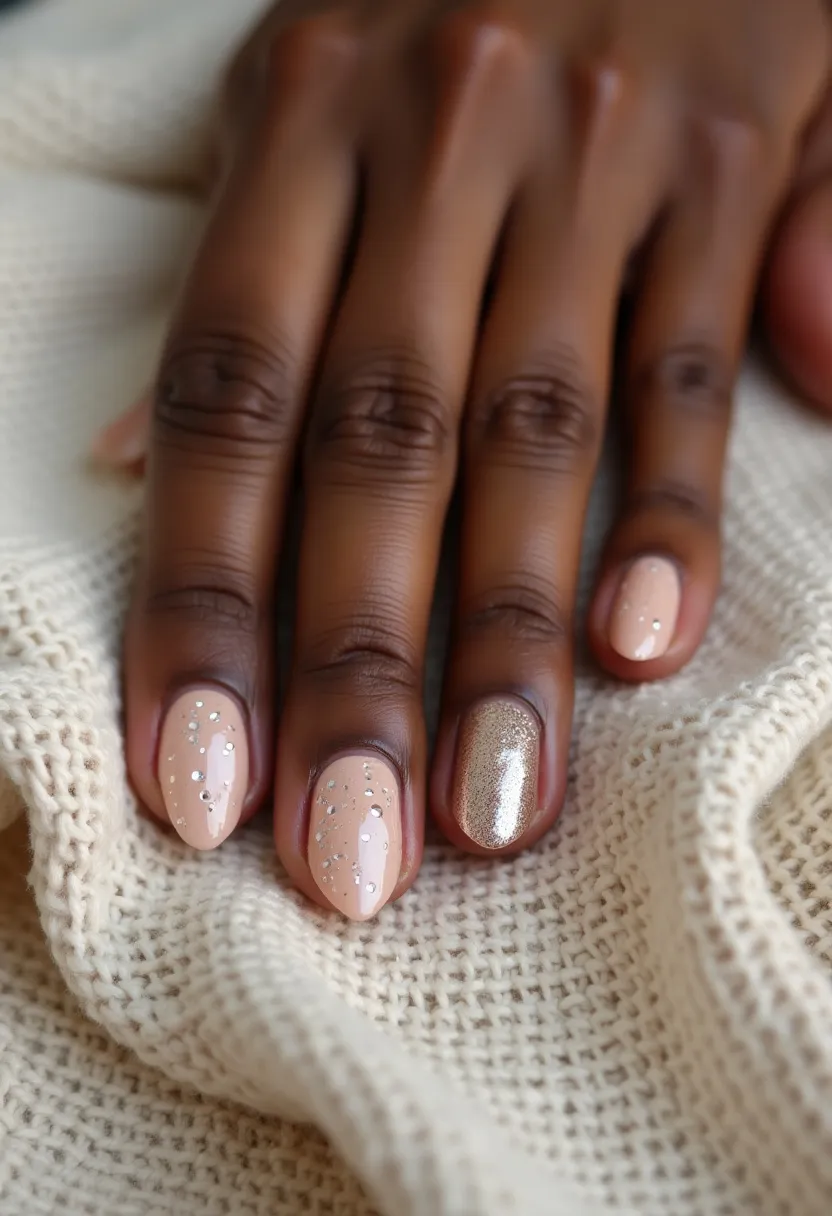 The nail design features a soft and elegant color palette dominated by a nude or light peach base. The nails have a medium-length, rounded shape. Three of the nails are adorned with subtle, yet eye-catching silver glitter accents dispersed evenly across the nude polish, giving a delicate and sophisticated sparkle. One nail stands out with a solid metallic gold polish, offering a striking contrast to the rest. The overall design appears to be done using a gel or shellac treatment, providing a glossy finish and long-lasting wear. The choice of colors and glitter accents makes this design well-suited for a festive event or special occasion, with a versatile appeal that can be worn year-round.