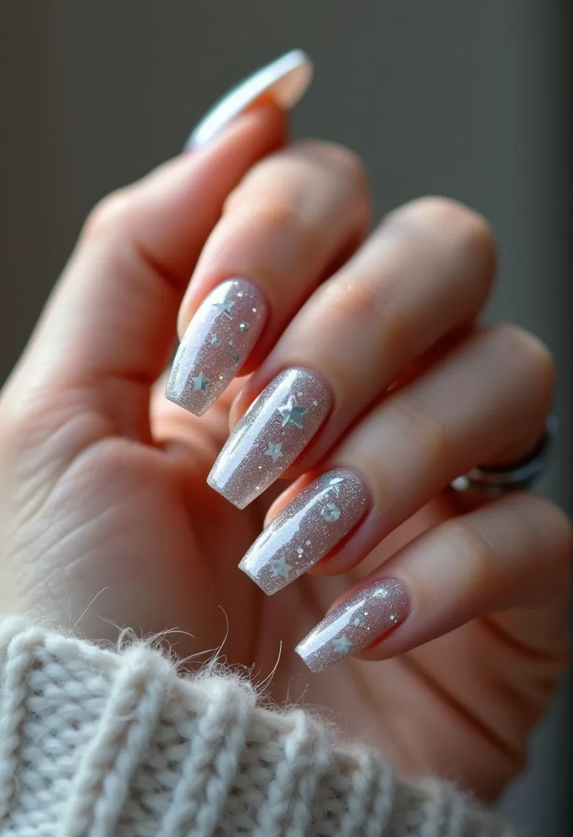 The nails are adorned with a delicate, shimmering color palette that features a soft, translucent base with fine glitter accents. The nails are medium-length and have a coffin shape, which complements the elegant design. Intricate patterns are created with small metallic star shapes and subtle rhinestone embellishments, adding a touch of sparkle. The treatment appears to be gel or shellac due to the glossy and smooth finish. The design has a festive, celestial theme suitable for holiday or New Year's celebrations, characterized by its starry elements and overall glittering effect.