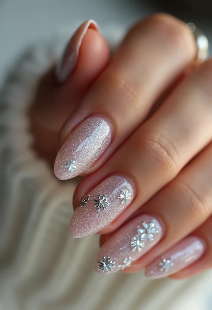 The nail design features a soft, pearlescent white or pale pink color palette, giving a frosty and elegant winter look. The nails are almond-shaped and have a stylish length and curvature. Intricate silver snowflakes adorn each nail, adding a festive and seasonal touch that is perfect for winter or holiday celebrations. The application appears to be gel, providing a shiny, durable, and smooth finish. The overall design is sophisticated yet playful, making it suitable for both formal occasions and casual outings during the holiday season.