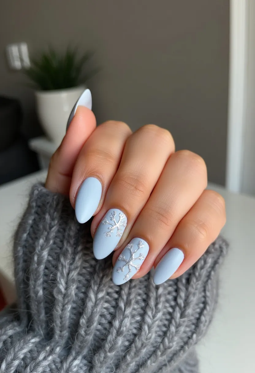 The nail design features an elegant and soft pastel blue color palette, perfect for a winter or holiday theme. The nails are shaped in a long, almond style, enhancing the delicate and feminine look. Two of the nails showcase intricate and delicate white snowflake patterns, which add a touch of seasonal charm appropriate for winter. The snowflakes appear to be created with a fine, glittery material, giving a shimmer that contrasts beautifully with the matte blue background. The finish of the nails suggests a possible gel or shellac treatment, providing a smooth and polished appearance that emphasizes both durability and elegance. The overall design is sophisticated and festive, ideally suited for winter occasions and holiday celebrations.