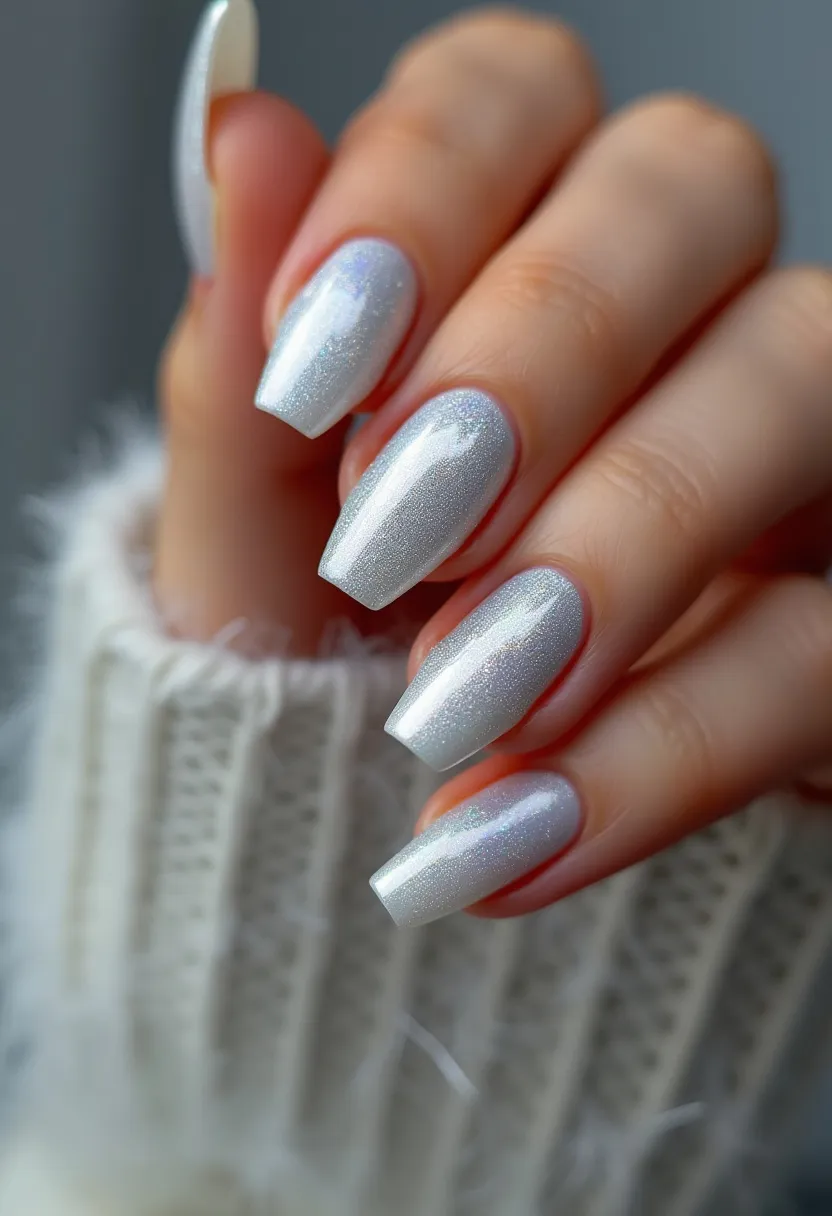 The nail design features a stunning pearlescent white color palette that exudes elegance and sophistication. The nails are shaped into a long, tapered coffin shape, giving them a modern and chic appearance. The surface of the nails has a shimmering, metallic finish indicative of a high-quality gel or shellac treatment, which adds durability and a glossy sheen to the design. The iridescent effect reflects light beautifully, creating a captivating, multi-dimensional look. This nail design is perfect for winter-themed occasions or festive celebrations, as it evokes a frosty and glamorous vibe without any additional intricate patterns or decorations.