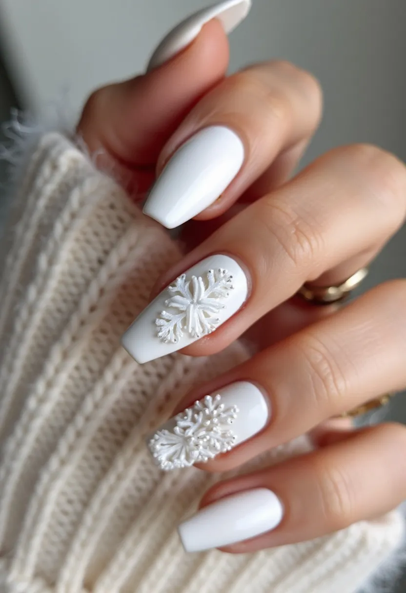 The nail design showcases a winter-inspired theme with a pristine white color palette. The nails are almond-shaped, achieving a sleek and sophisticated appearance. This design seems to employ either gel or acrylic treatment, giving the nails a smooth and polished finish. The standout feature is the intricate snowflake patterns, which are three-dimensional and delicately placed on select nails, adding texture and a festive touch. These 3D snowflakes, adorned with tiny, gleaming bead accents, enhance the overall wintry aesthetic, making this nail design perfect for the holiday season or winter celebrations.