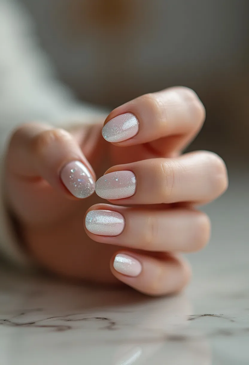 The nail design features a short, rounded shape with a soft, elegant color palette predominantly consisting of a pale pink base accentuated by a shimmering overlay. The shimmering effect adds a frosty, glittery look, which suggests a gel polish treatment to achieve a smooth and long-lasting finish. Each nail displays subtle glitter gradients, creating a cohesive yet varied appearance. The overall design exudes a winter or festive theme, making it suitable for holiday seasons or special celebrations. Tiny iridescent particles embedded in the polish offer an extra layer of sparkle, enhancing the sophisticated yet whimsical look.