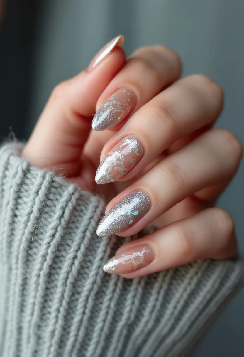 The nail design features a sophisticated and elegant color palette dominated by muted silver tones, giving it a sleek and wintry appearance. The nails are shaped in an almond style, which elongates the fingers and adds a touch of femininity. Each nail exhibits intricate decorations with subtle, frosty patterns resembling snowflakes or ice crystals, enhancing the winter theme. Some nails have a smooth, metallic silver finish, while others incorporate a delicate splattering of silver and perhaps light blue touches, creating a cohesive icy effect. The treatment appears to be gel, which offers a durable and glossy finish that complements the winter-inspired aesthetic. This design is perfect for the winter season, lending a touch of festivity and sophistication to the overall look.