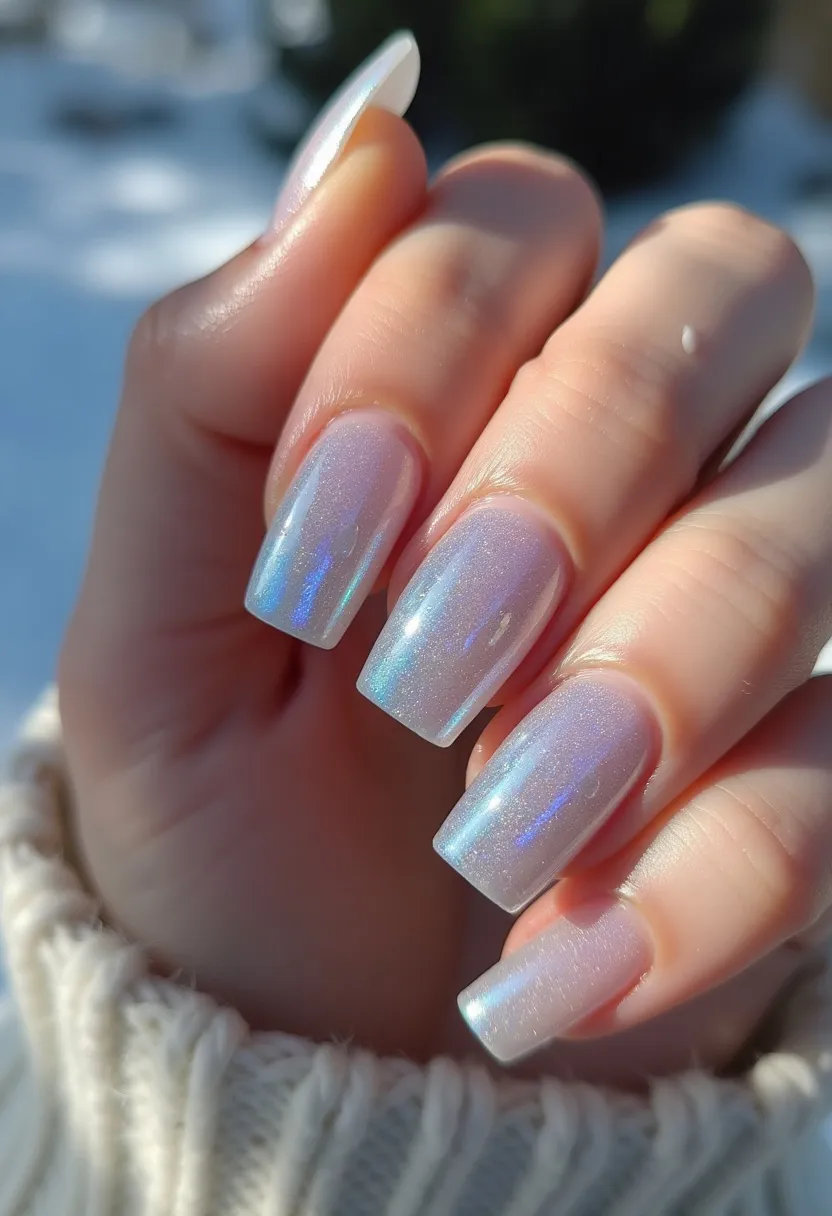 The nail design showcases a chic and sophisticated look, featuring a pastel color palette with iridescent, holographic shades. The nails are medium-length and coffin-shaped, offering a modern and sleek appearance. The treatment seems to be a gel application, providing a glossy and durable finish. The intricate details include a smooth, shimmering gradient, reflecting hues of blue and purple under different lights. This design is perfect for a winter seasonal theme or festive occasions, evoking the feel of snow and ice with its frosty, luminescent charm. It is subtle yet eye-catching, making it ideal for someone seeking elegance with a hint of sparkle.