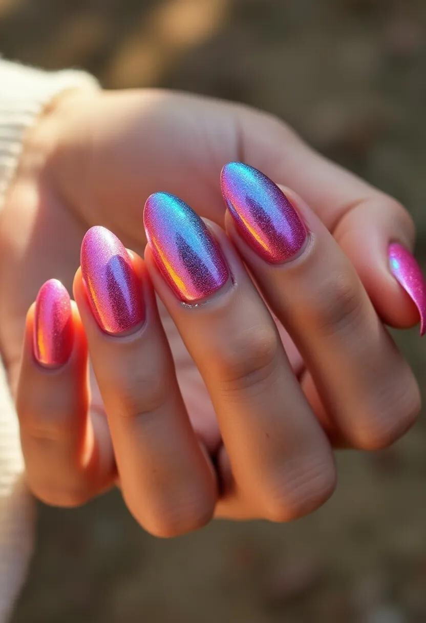 The nail design showcases a vibrant and eye-catching color palette consisting of iridescent shades of pink, purple, and blue, creating a gradient effect with a metallic sheen. The nails are shaped into a modern, almond shape, which adds elegance and elongates the fingers. The chosen treatment appears to be gel or shellac, providing a glossy and durable finish. This design features a smooth, reflective surface without additional patterns or decorations, allowing the gradient colors to be the focal point. The overall aesthetic of the nails has a futuristic and festive appeal, making it suitable for special occasions or a stylish seasonal look.