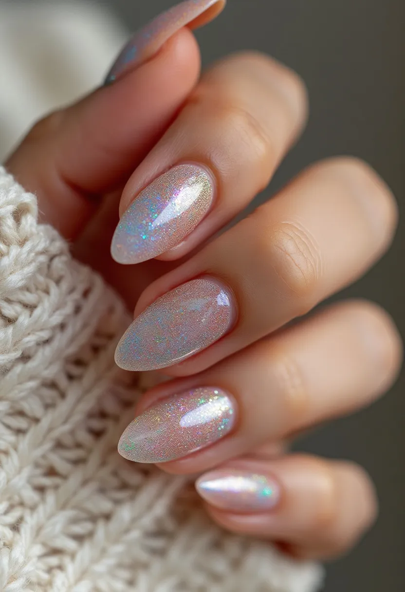 The nails feature an elegant design with a color palette that includes soft pinkish and pearlescent tones, enhanced with iridescent and holographic glitter that catches the light beautifully. The nails are shaped in an almond form, providing a sophisticated and elongated look. The intricate pattern of the glitter looks scattered, offering a chic, whimsical effect that is both subtle and eye-catching. This nail art appears to be a gel treatment, given its smooth, shiny surface and durability. The overall design is versatile, suitable for any season or occasion, bringing a touch of glamour and modern elegance.