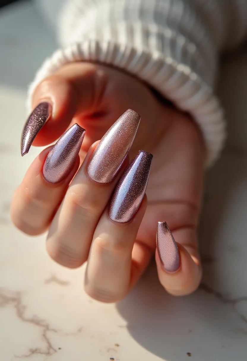 The nail design features a striking color palette of metallic rose gold, with a shiny, almost reflective finish, indicating a gel or shellac treatment for its high-gloss effect. The nails are shaped in a long, tapered coffin style, creating an elegant and sophisticated look. There are no intricate patterns or additional decorations on the nails, allowing the metallic hue to take center stage. This design exudes a luxurious and glamorous vibe, suitable for special occasions such as parties or festive events, and complements the transitioning seasons into autumn and winter with its warm, shiny tones.