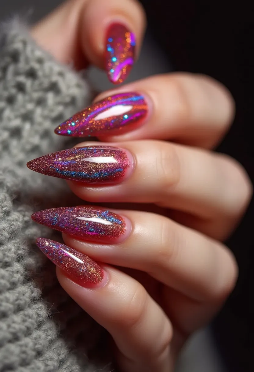 The nail design features a striking palette of rich, iridescent colors with a predominant hue of magenta, interspersed with glittering flecks of blue, purple, and gold that shimmer under the light. The nails are shaped into a dramatic stiletto form, tapering to sharp, pointed tips that add a bold and edgy aesthetic. The finish appears to be a high-gloss gel treatment, which enhances the luminous quality of the glitter and adds depth to the colors. This design exudes a festive, celebratory vibe, possibly suited for special occasions or holiday festivities due to its vibrant and eye-catching nature. The overall look combines glamour with a hint of futuristic chic, making a bold fashion statement.