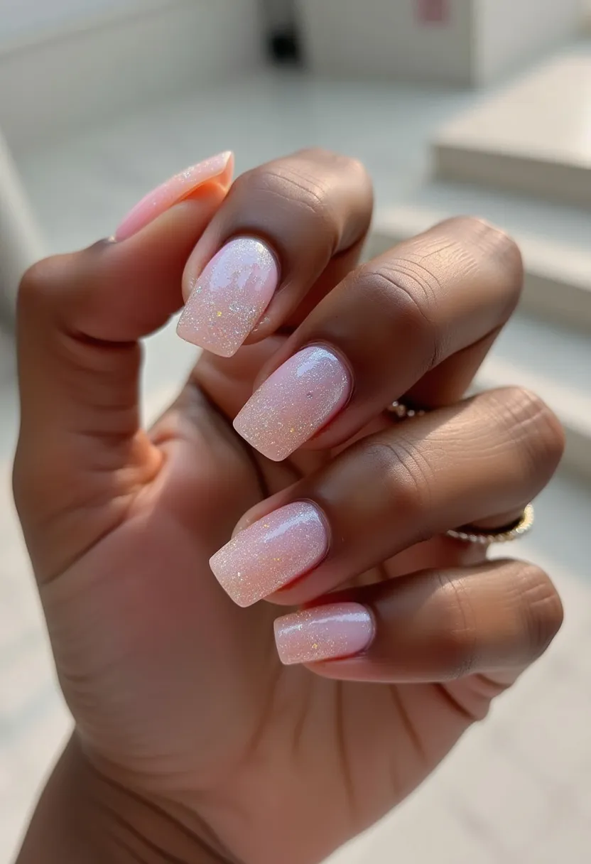 This nail design features a soft and elegant color palette primarily consisting of a delicate, translucent blush pink with subtle glitter accents that catch the light beautifully. The nails are filed into a classic square shape, adding a touch of sophistication to the overall look. Intricate patterns include a gradient effect where the pink transitions seamlessly from the cuticle to the tip, enhanced by the fine glitter spread throughout, adding a sparkling finish. This design appears to utilize a gel treatment, indicated by the high gloss and smooth finish. The combination of the light color, delicate glitter, and soft gradients suggests an ideal choice for occasions like weddings, proms, or other special events, embodying a chic and timeless aesthetic.