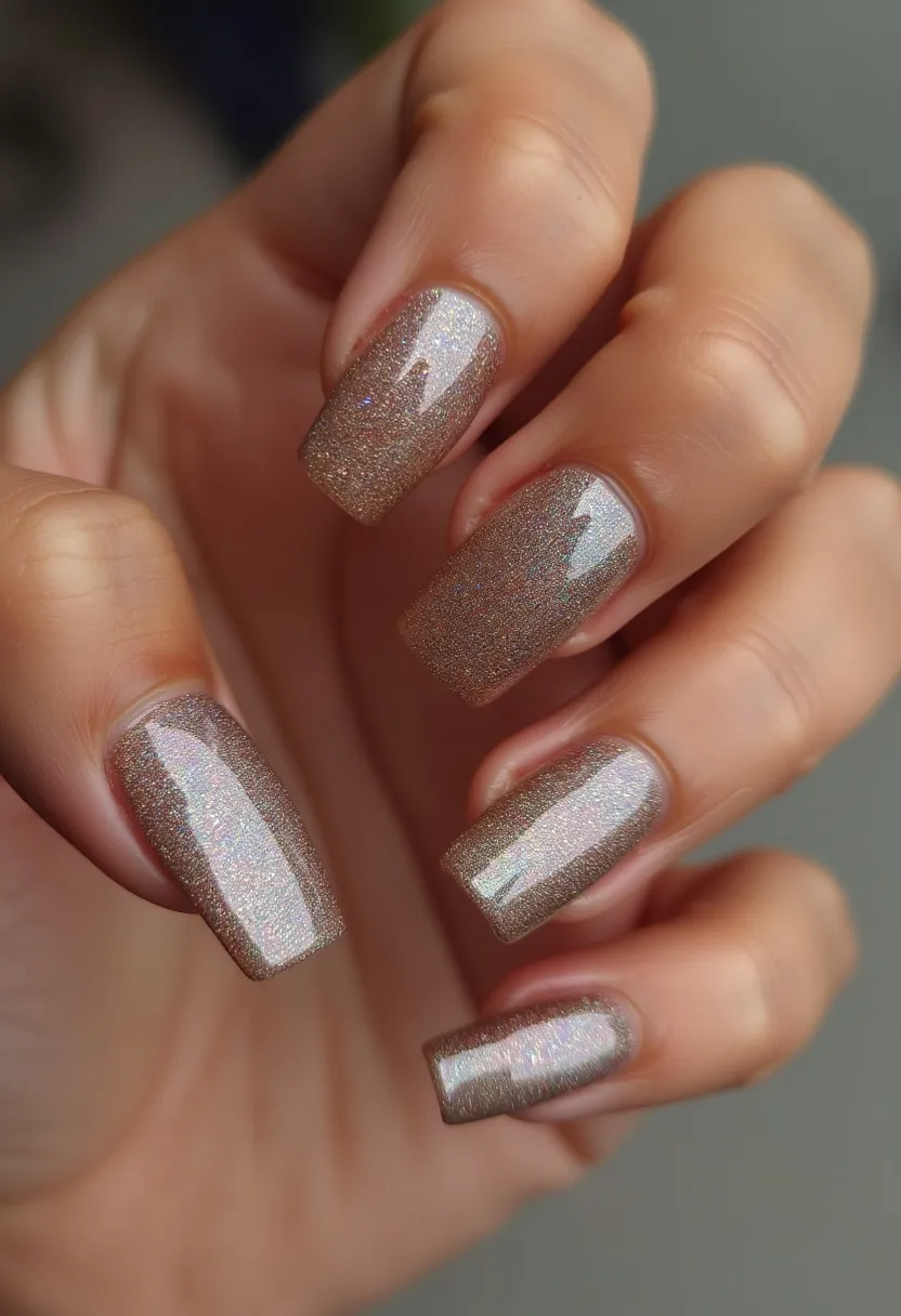 The nail design features a sophisticated and glittering nail color palette predominantly showcasing a champagne gold hue with a holographic sheen. The nails are shaped into a modern long square form, providing a clean and stylish look. The polish appears to be a gel treatment, given its glossy finish and durability. The use of fine glitter particles throughout each nail adds an intricate and eye-catching detail, suitable for both everyday wear and special occasions. The sparkle effect imparts a festive and celebratory vibe, making it particularly fitting for holiday seasons and New Year's celebrations.