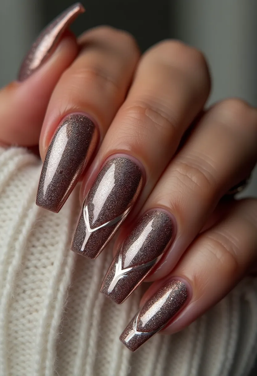 The nail design features long, coffin-shaped nails with a chic and elegant brownish-bronze color palette that incorporates a subtle, shimmery finish, likely achieved with a gel or shellac treatment for a glossy and durable look. The nails are adorned with minimalistic yet sophisticated white line art that forms an inverse "V" pattern near the tips, adding a stylish touch without overwhelming the overall design. The subtle shimmer in the base color complements the geometric accents beautifully, making this nail design versatile for both everyday wear and special occasions, especially suited for the fall and winter seasons.