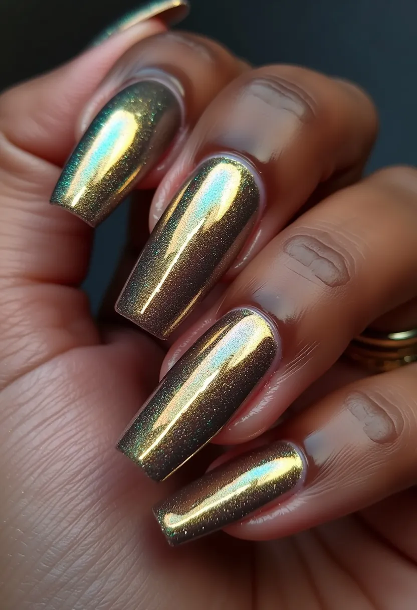 The nail design features a striking chrome finish, predominantly showcasing a gold and green duo-chrome effect. The nails are long with a coffin shape, providing a sleek and modern appearance. The entire surface of each nail is covered with this glossy chrome finish, which suggests the use of gel or shellac treatment for its smooth and reflective qualities. There are no additional intricate patterns or decorations, allowing the shimmering, metallic color to be the focal point. This nail design exudes a luxurious and festive vibe, making it suitable for special occasions or seasonal celebrations such as the holiday season or New Year's Eve.