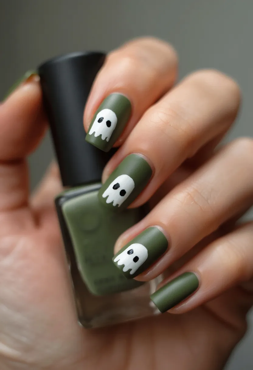 The nail design features a matte olive green base color, applied to nails of a medium square shape. Each nail showcases an intricate white ghost character, complete with two black eye dots, perfect for a playful yet spooky Halloween theme. The ghosts appear on all fingers, making it a cohesive and festive design. This nail art is indicative of gel treatment as it presents a smooth finish and the durability required for intricate designs. The choice of olive green as the background adds a unique twist to the more traditional black-and-white Halloween palette, offering a stylish yet seasonal flair.