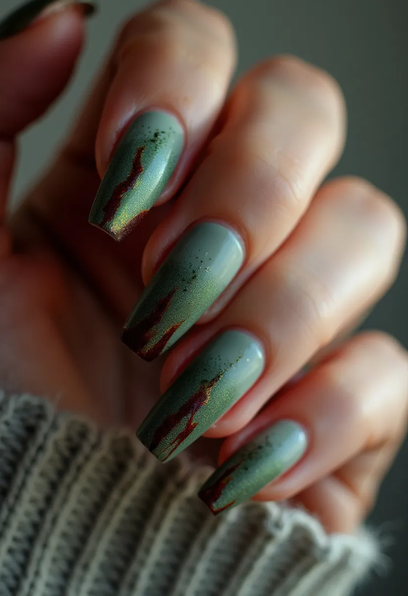 The nail design showcases a sophisticated, earthy palette primarily composed of a matte forest green base. The nails are shaped in a long, tapered square style, emphasizing an elegant and elongating look. Each nail features intricate, asymmetrical patterns resembling gold and deep maroon veins or streaks running vertically, giving a subtle, luxurious appearance. The treatment appears to be a gel application, providing a smooth and seamless finish. This design holds an autumnal theme, making it ideal for the fall season or special occasions like Thanksgiving, where warm, natural tones are celebrated.