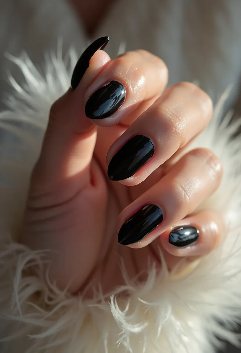 The nail design features a sleek and sophisticated monochromatic black color palette. The nails are shaped into a classic almond form, enhancing their elegant appearance. The black polish used has a high-gloss finish, indicating a likely gel or shellac treatment, known for its shiny and durable quality. There are no intricate patterns or additional decorations present, giving the design a minimalist and refined look. This nail style could be ideal for various occasions, ranging from formal events to everyday wear, and its polished aesthetic particularly suits the autumn and winter seasons.