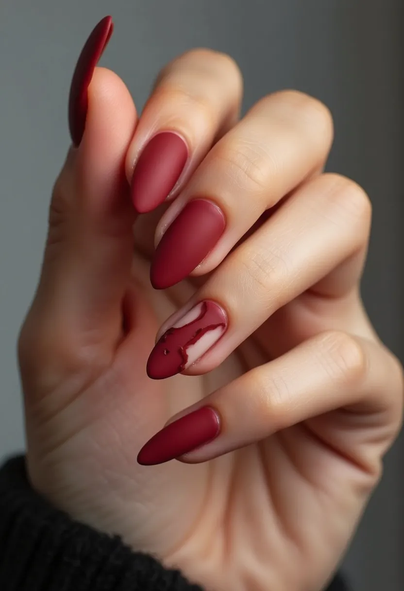 The nail design features a rich, matte burgundy color palette, applied uniformly across most of the nails. The nails are almond-shaped, offering a balanced and elegant look. The ring finger stands out with a unique accent of negative space design, incorporating the same burgundy color in a glossy, marble-like vein pattern over a nude base. This intricate detail adds a sophisticated touch and elevates the overall aesthetic. The treatment appears to be done with gel polish, given the smooth and lustrous finish on the accent nail, in contrast with the matte treatment on the others. This design exudes a stylish and refined vibe, suitable for the fall season or festive occasions, making a bold yet classy statement.