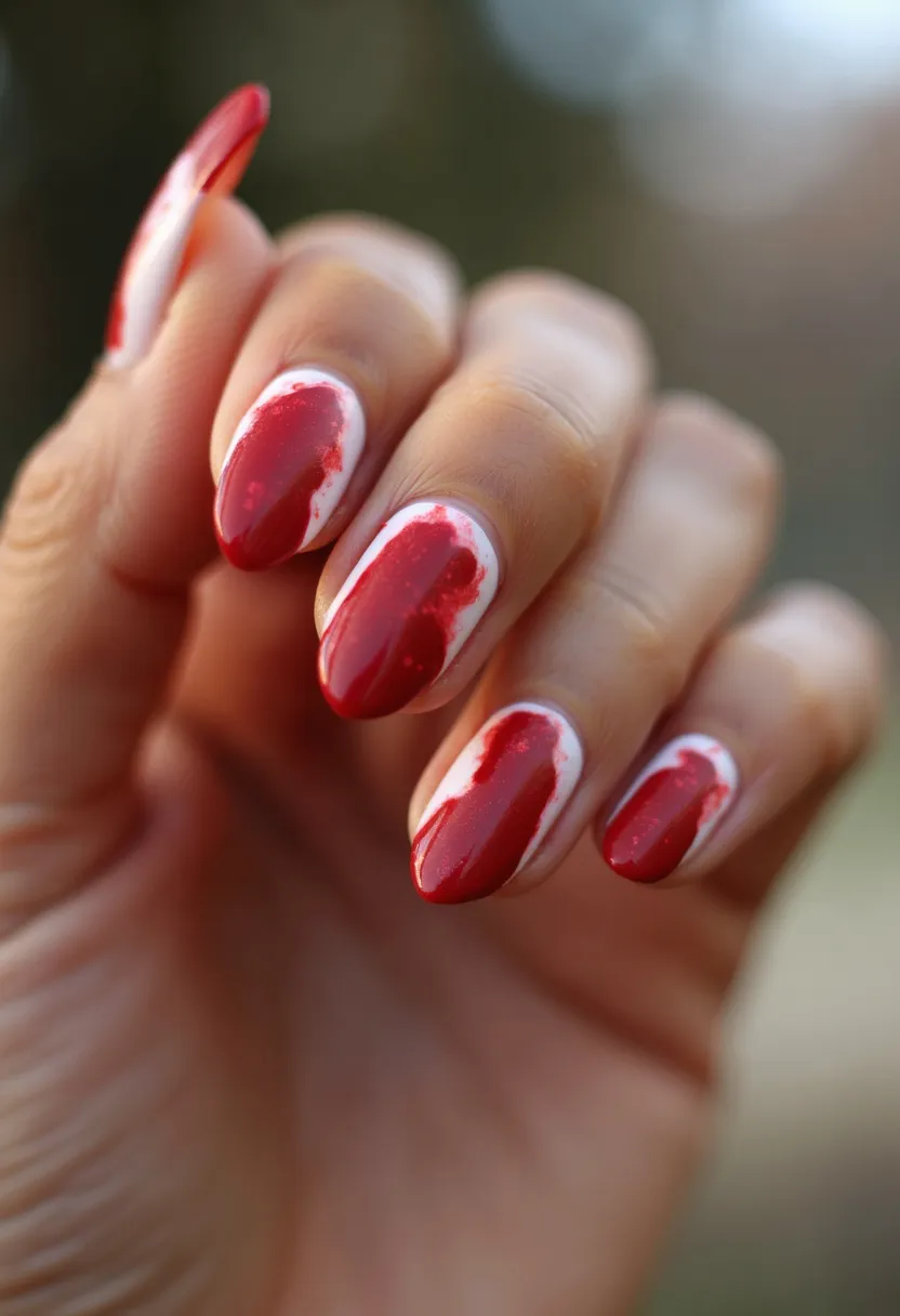 This nail design features an almond shape, characterized by their elegant and tapered tips. The color palette primarily consists of a bold red polish, with a white base serving as the background. The design integrates a sophisticated marbling effect or brushstroke pattern with the red polish appearing to be artistically applied over the white base, creating a striking, high-contrast look. The nails might be treated with gel, providing a glossy and durable finish. The red and white combination and artistic flair suggest a festive or holiday theme, likely suitable for special occasions such as Christmas or Valentine's Day. The overall design is both stylish and eye-catching, ensuring that the nails serve as a statement accessory.