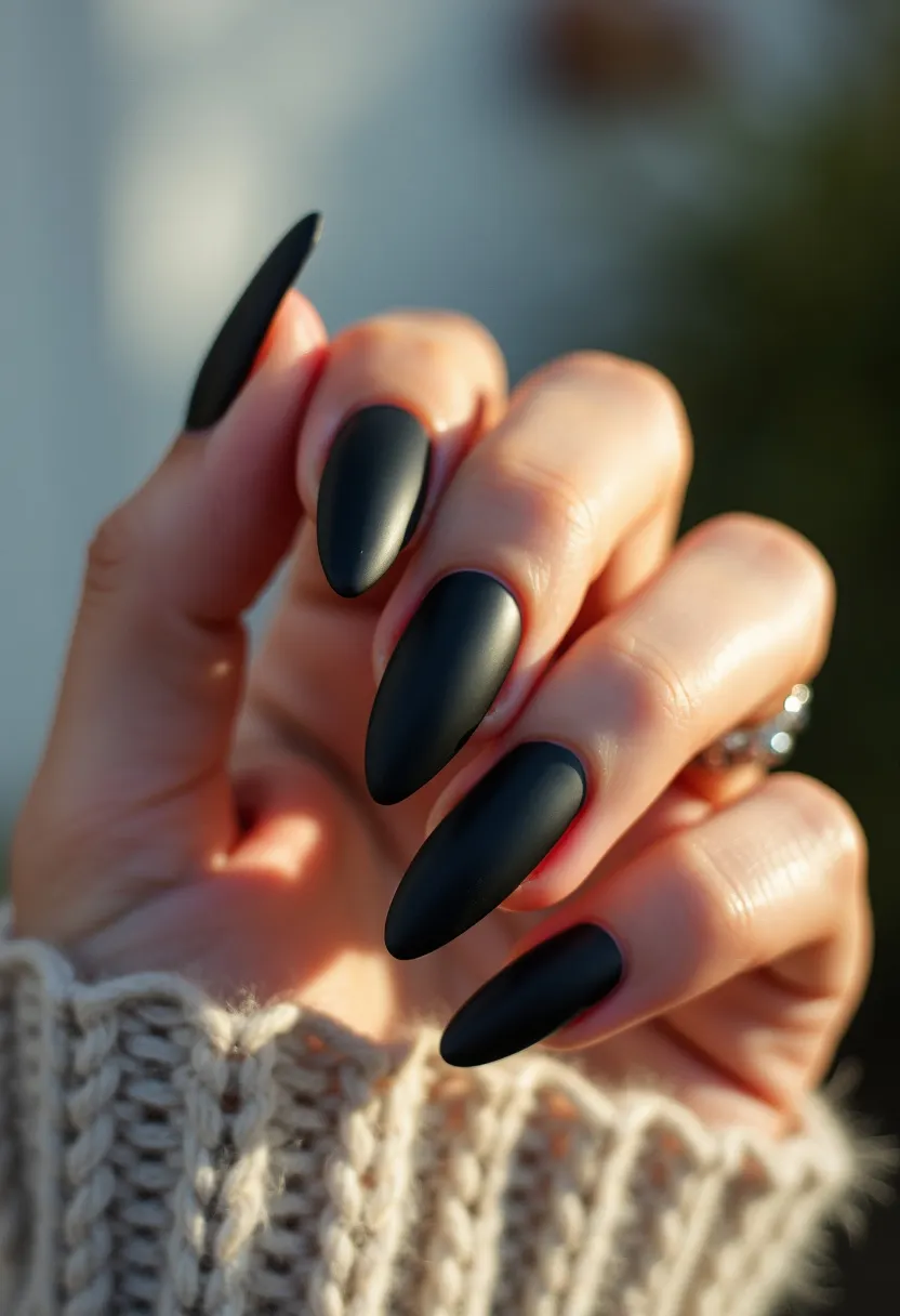 The nail design features a striking matte black color palette that exudes sophistication and elegance. The nails are shaped into an almond style, giving them an elongated and smooth contour that is both stylish and modern. The matte finish adds a unique texture, avoiding any shine and providing a chic and refined look. These nails appear to be created using a gel treatment, evidenced by their smooth application and durability. This design is versatile and can be suitable for various occasions, from everyday wear to special events, adding a touch of class to any ensemble. The dark color and matte finish also suggest a possible autumn or winter seasonal theme, aligning with cooler, more muted tones typical of these times of year.