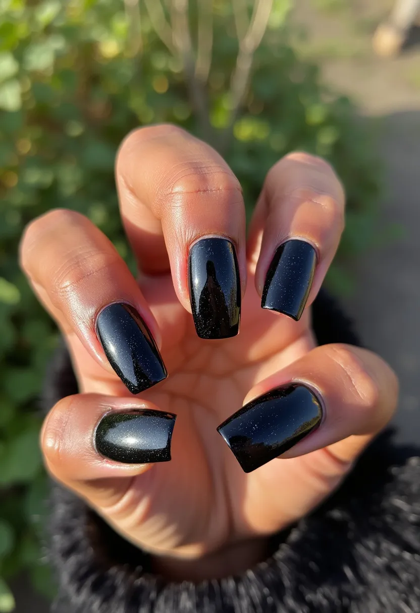 This nail design features a sleek, glossy black color palette with a subtle glittery sheen, suggesting a sophisticated and elegant aesthetic. The nails are medium in length and shaped in a square, or squoval style, which adds a modern touch to the overall look. The finish appears to be of a gel treatment, as indicated by the high-gloss and smooth surface. There are no additional patterns or decorations, keeping the design minimalistic and chic. This timeless color and style combination is versatile, suitable for various occasions, from evening events to everyday wear, adding a touch of glamour to any outfit.