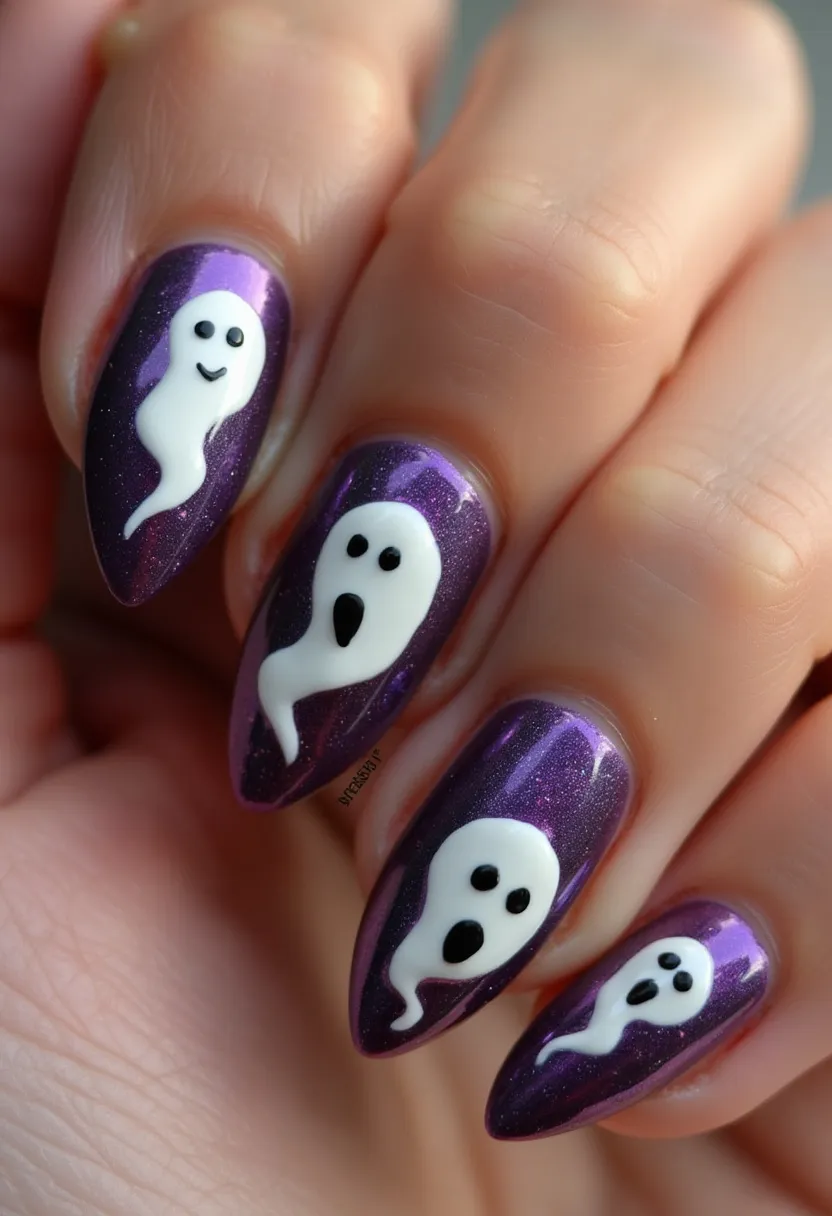 The nail design features a festive and playful Halloween theme. The color palette includes a deep, shimmering purple base that provides a rich and eye-catching background. The almond-shaped nails are adorned with intricately painted white ghosts, each with a unique facial expression, adding a whimsical and spooky touch. The nail treatment likely used for this design appears to be gel, as it exhibits a glossy finish and smooth surface suitable for detailed artwork. This decorative style is perfect for the Halloween season, showcasing creativity and a fun spirit through its ghostly patterns and vibrant hues.