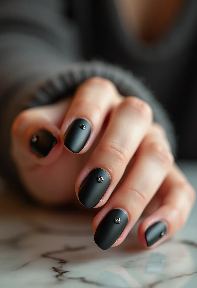 This nail design features a sophisticated, matte black color palette that exudes elegance and simplicity. The nails are shaped in a classic oval form, providing a balanced and refined look. Each nail is adorned with a single, small, metallic stud placed centrally near the cuticle, adding a touch of minimalistic glamour without overwhelming the design. The nail treatment appears to be done with a matte gel polish, ensuring durability and a flawless, smooth finish. The overall design is versatile, making it suitable for any season or special occasion, from formal events to casual outings. The understated decoration allows the rich, matte black to be the focal point, complemented perfectly by the subtle sparkle of the metallic studs.