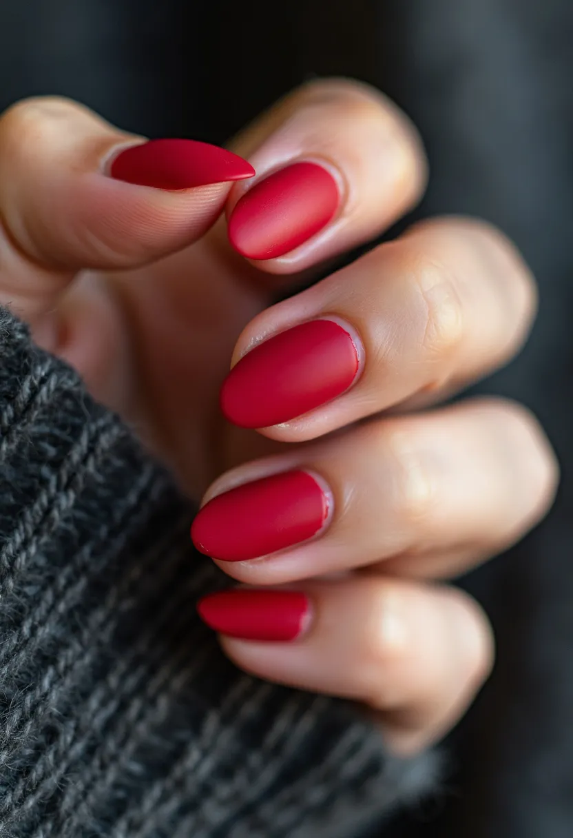 The nail design showcases a chic and elegant appearance with a matte finish in a deep red color palette, adding a touch of sophistication. The nails are shaped in a rounded almond form, which complements the overall length and adds to the sleek aesthetic. The use of a matte top coat suggests a contemporary and trendy approach to nail art. The absence of intricate patterns or additional decorations maintains a minimalist yet striking look, suitable for various occasions. The choice of red adds a festive touch, potentially making it a fitting choice for seasonal themes like the holiday season or Valentine’s Day. The even application and smooth texture of the polish hint towards a gel or shellac nail treatment, ensuring durability and a long-lasting finish.