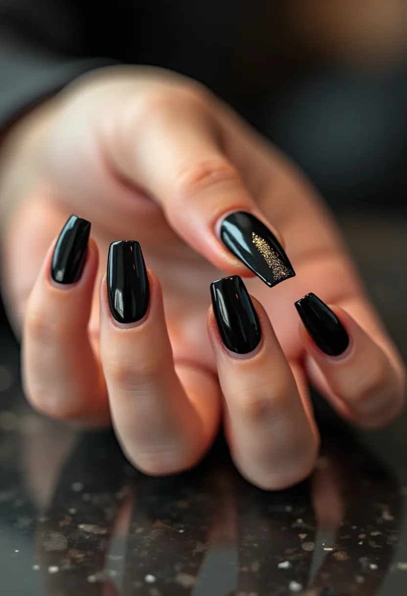 The nail design features long, coffin-shaped nails coated in a glossy black polish, likely achieved with gel treatment given its high shine and smooth finish. Each nail is uniformly painted with the exception of a feature nail, which is adorned with a vertical stripe of fine, gold glitter. This accent adds a touch of glamour and sophistication to the overall look, making it suitable for evening events or special occasions. The black and gold color palette exudes a chic and elegant vibe, perfect for a luxurious and refined seasonal theme or celebration.